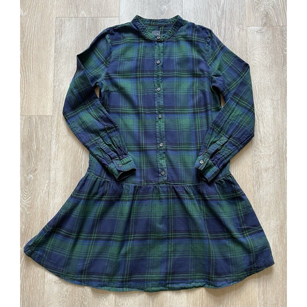 GAP Women’s Plaid Shirt Dress Green/Blue XS Tall Band Collar Long Sleeve Button